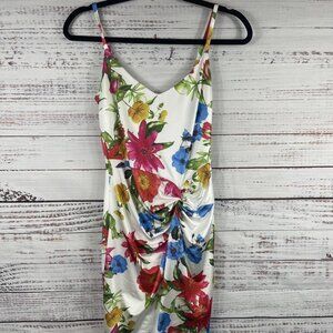 Guess Dress Womens 0 White Multicolor Floral Ruched Bodycon Slip Mini V Neck